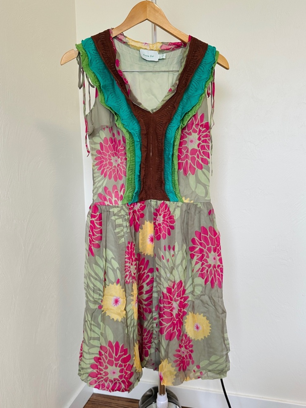 Anna Sui Floral Trim Sleeveless Dress in Pink, Yellow & Green